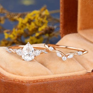 Pear shaped Moissanite Engagement ring set Triangle Pear Diamond Wedding ring Rose Gold Infinity Twist Anniversary Bridal set for Women