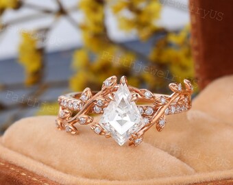 Kite cut Moissanite Engagement ring Vintage Rose Gold ring Art Deco Leaf band Dainty Moissanite Diamond Promise Anniversary ring for women