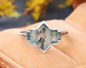 Elongated Hexagon cut Moss Agate Engagement ring Silver White Gold Platinum Wedding ring Art deco Baguette Agate Anniversary Bridal ring