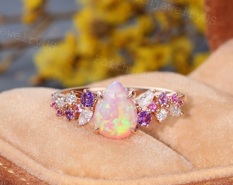 Pear Pink Fire Opal Engagement ring Vintage Rose Gold Marriage ring Cluster Marquise Moissanite Amethyst Pink Sapphire Wedding ring gift