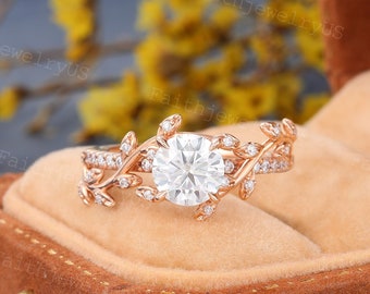 Round Moissanite Engagement Ring Vintage Rose Gold ring Art Deco Leaf Band Dainty Moissanite Diamond Promise Anniversary ring for Women Gift