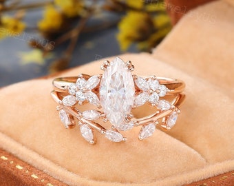 Unique Marquise cut Moissanite Engagement ring set Vintage Rose Gold Marquise Diamond Leaf Curved wedding Promise ring Anniversary ring