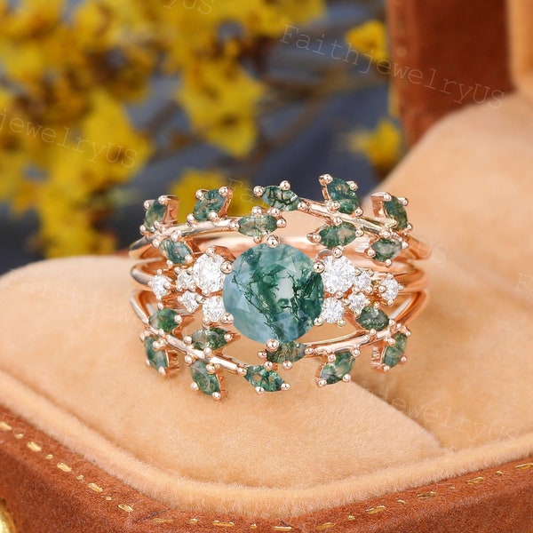 Moss Agate Engagement ring set Solid Rose Gold ring set Marriage ring set Enhancer Marquise Moss Agate Bridal ring set Anniversary Ring