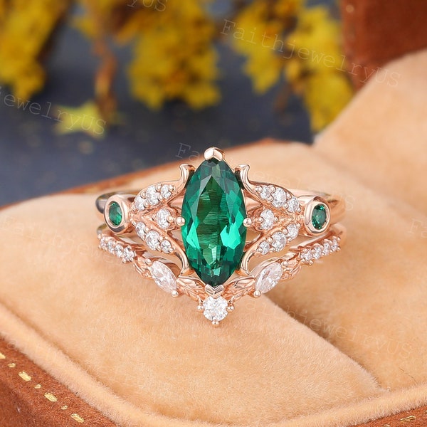 Marquise cut Emerald Engagement ring set Vintage Rose Gold Cluster Marquise Moissanite Diamond Bridal set Art Deco Promise Anniversary Ring