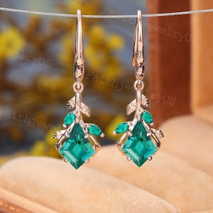 Kite Cut Emerald Earrings Vintage Rose Gold Art Deco Leaf Marquise Emerald Drop Earrings Bridal Jewelry Promise Anniversary gift for women