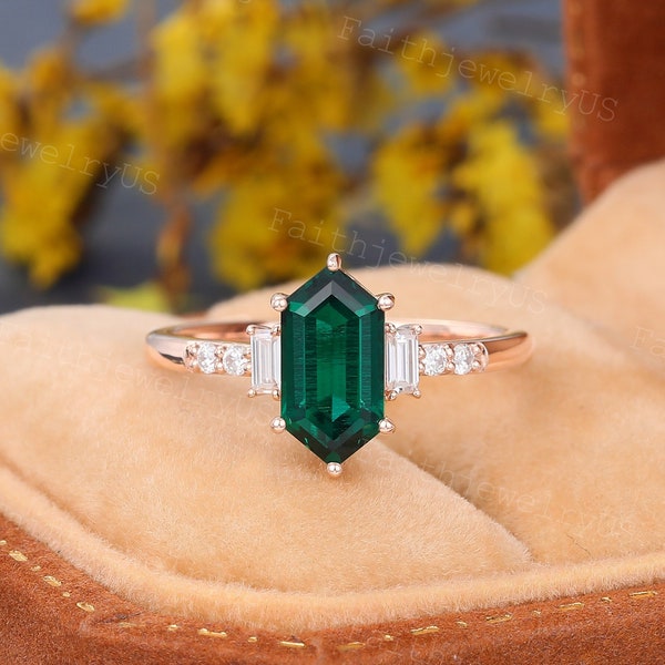 Long Hexagon Cut Emerald Engagement ring Vintage Rose Gold Baguette Moissanite Diamond ring Marriage ring Anniversary Wedding ring gift
