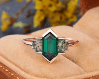 Elongated Hexagon cut Lab Emerald Engagement ring Rose Gold Baguette Moss Agate Wedding ring Art deco Anniversary Bridal ring for Women