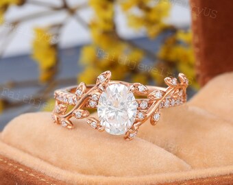 Oval cut Moissanite Engagement ring Vintage Rose Gold ring Art Deco Leaf band Dainty Moissanite Diamond Promise Anniversary ring for women