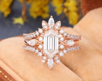 Long Hexagon cut Moissanite Engagement ring set Vintage Rose Gold Marquise Double band art deco Pave Promise Bridal wedding jacket Set