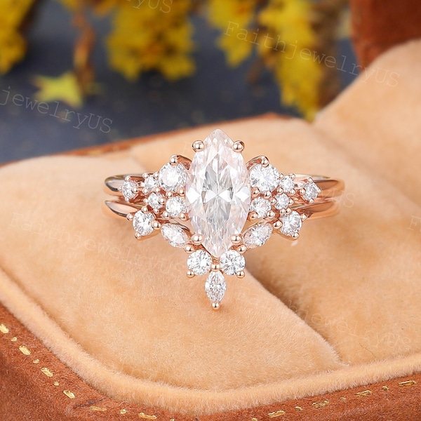 Marquise Moissanite Engagement ring set Vintage Rose Gold Cluster Marquise Moissanite Curved Wedding Band Promise Anniversary Bridal set