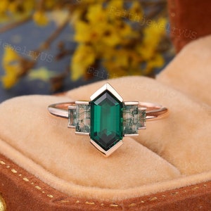 Elongated Hexagon cut Lab Emerald Engagement ring Rose Gold Baguette Moss Agate Wedding ring Art deco Anniversary Bridal ring for Women