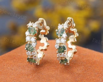 Unique Pear Cut Natural Moss Agate Hoop Earrings Solid Gold A pair Moissanite Hoops Earrings Natural Inspired Earrings Anniversary Gift