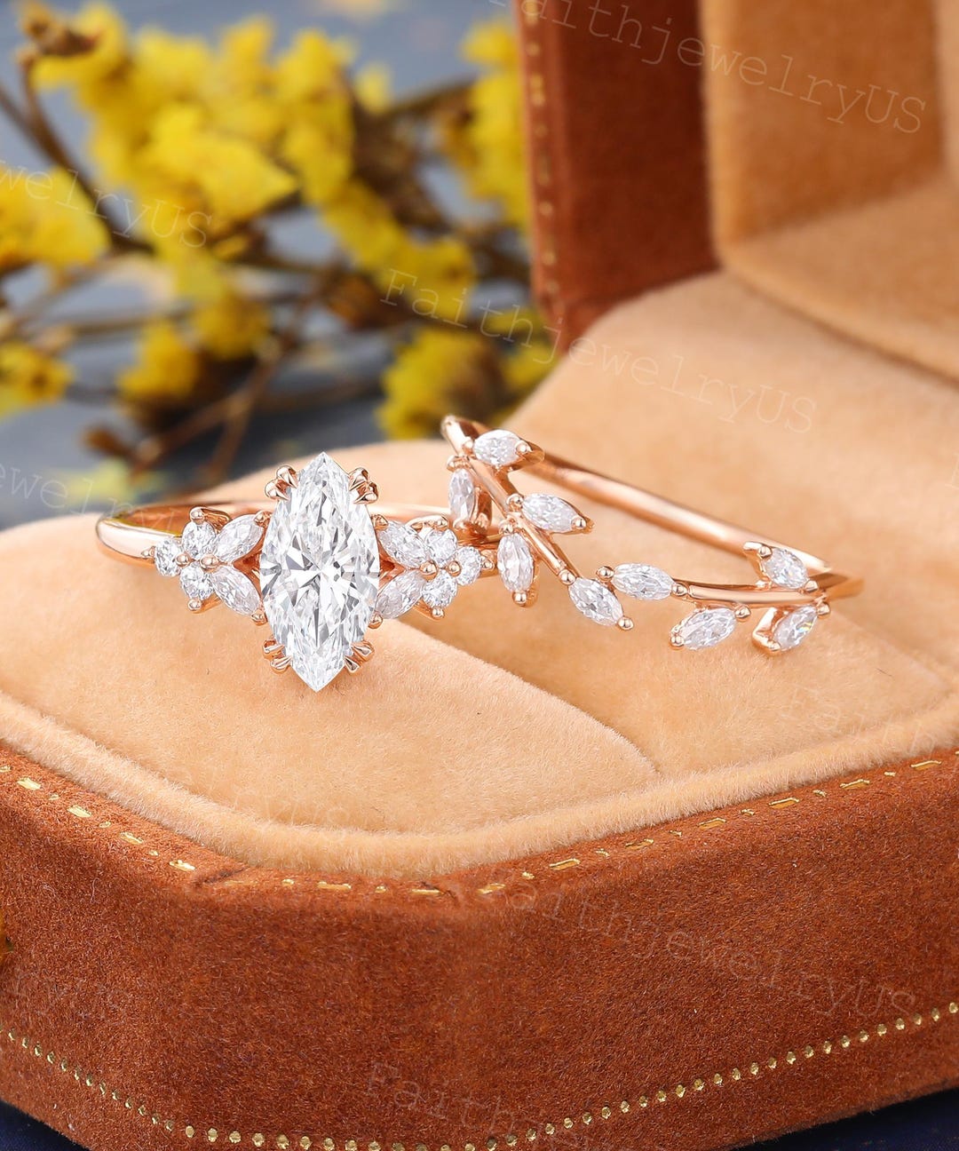 1CT Marquise Cut Lab Grown Diamond Engagement Ring Set Vintage Rose ...