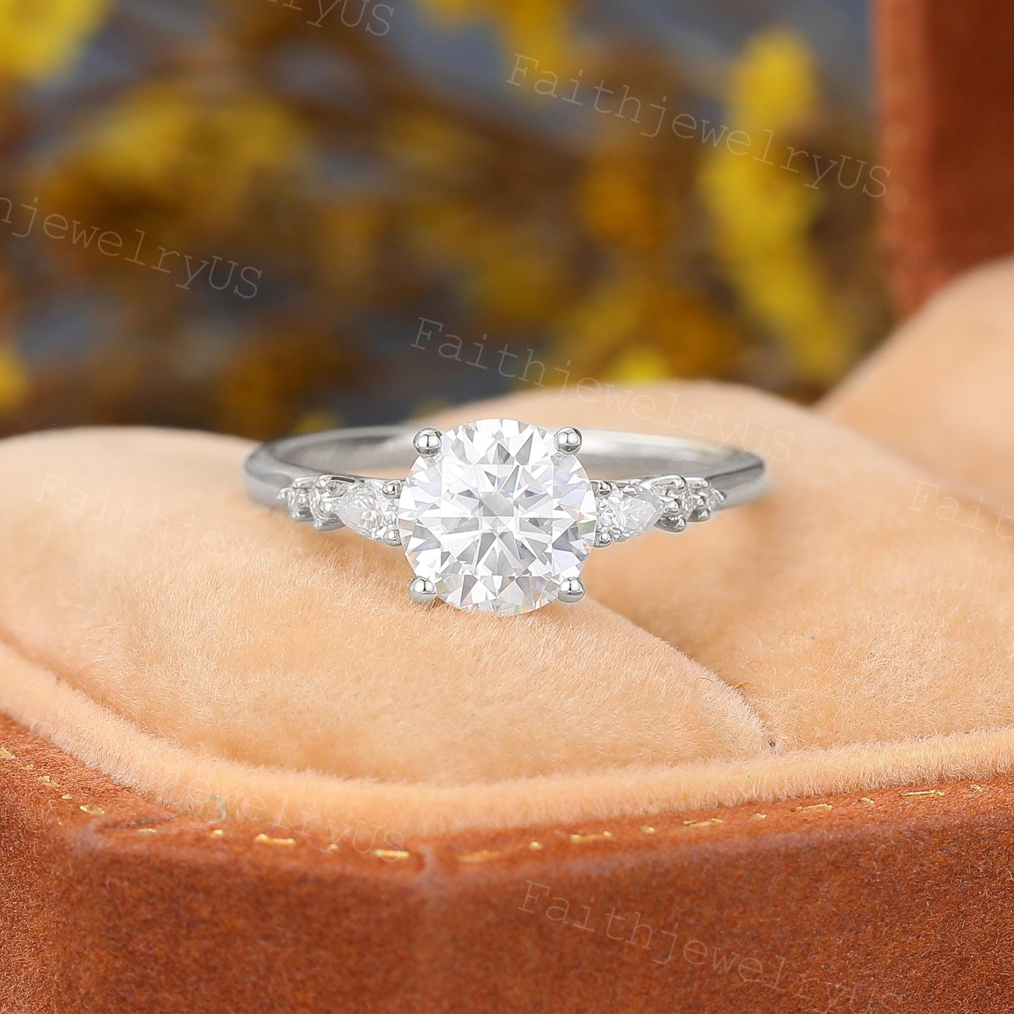 Round Cut Moissanite Engagement Ring Yellow Gold Ring Pear Cut Lab