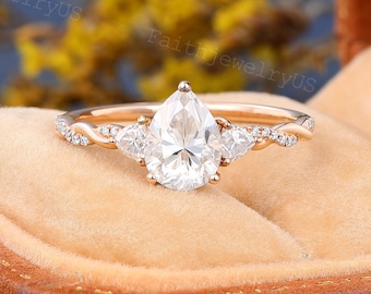 Pear shaped moissanite Engagement ring Trillion cut lab Diamond Wedding ring Rose Gold Infinity Twist Marriage ring Anniversary ring gift