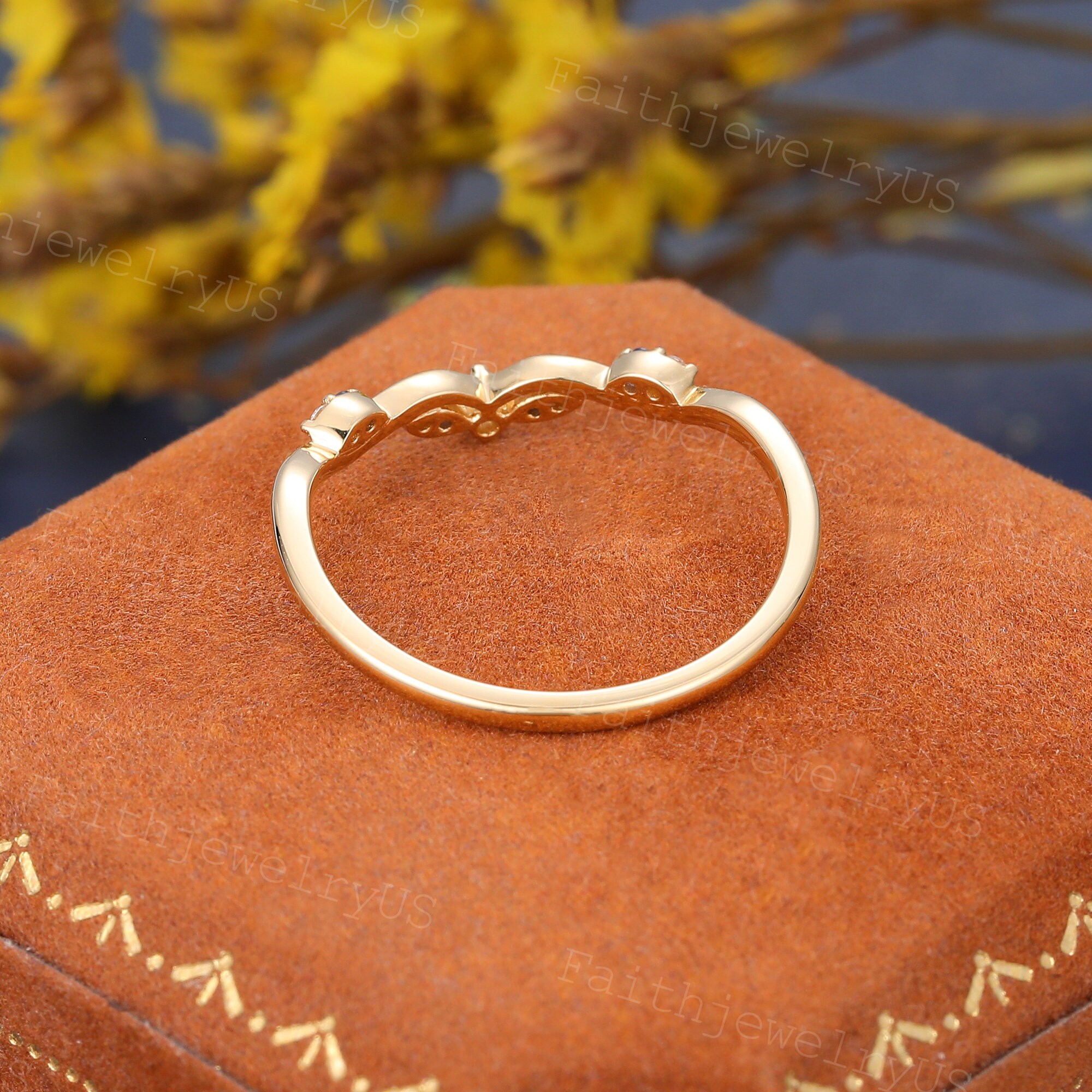 Vintage Yellow Gold Curved Wedding Band Unique Diamond Blue Sapphire ...