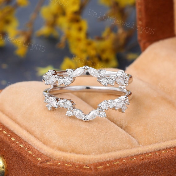 Marquise Double Enhancer Diamond wedding band Danity White gold pave jacket Moissanite Curved Wedding Ring Handmade Jewelry for Women Gift