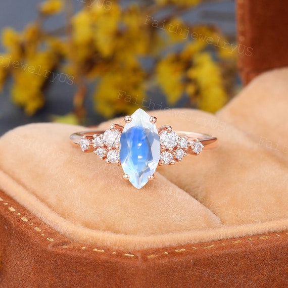 Anillo de compromiso de piedra lunar marquesa, anillo de oro rosa