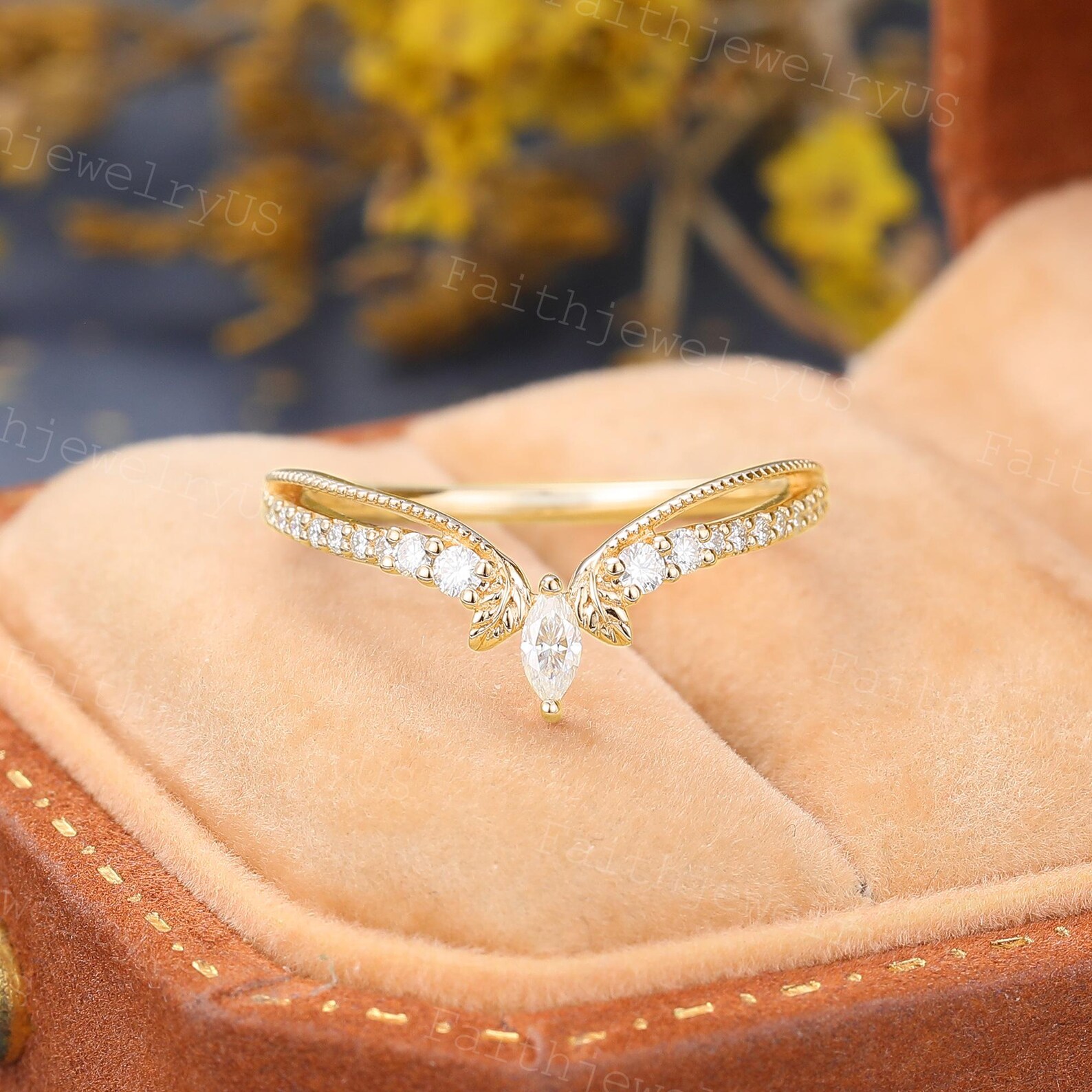 Marquise Cut Moissanite Curved Wedding Band Vintage Rose Gold Art Deco ...