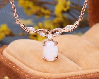 Oval cut Natural Opal Necklace Vintage Rose Gold Marquise cut Diamond Pendant Necklace Prong Personalized Pendant Marriage gift for Women