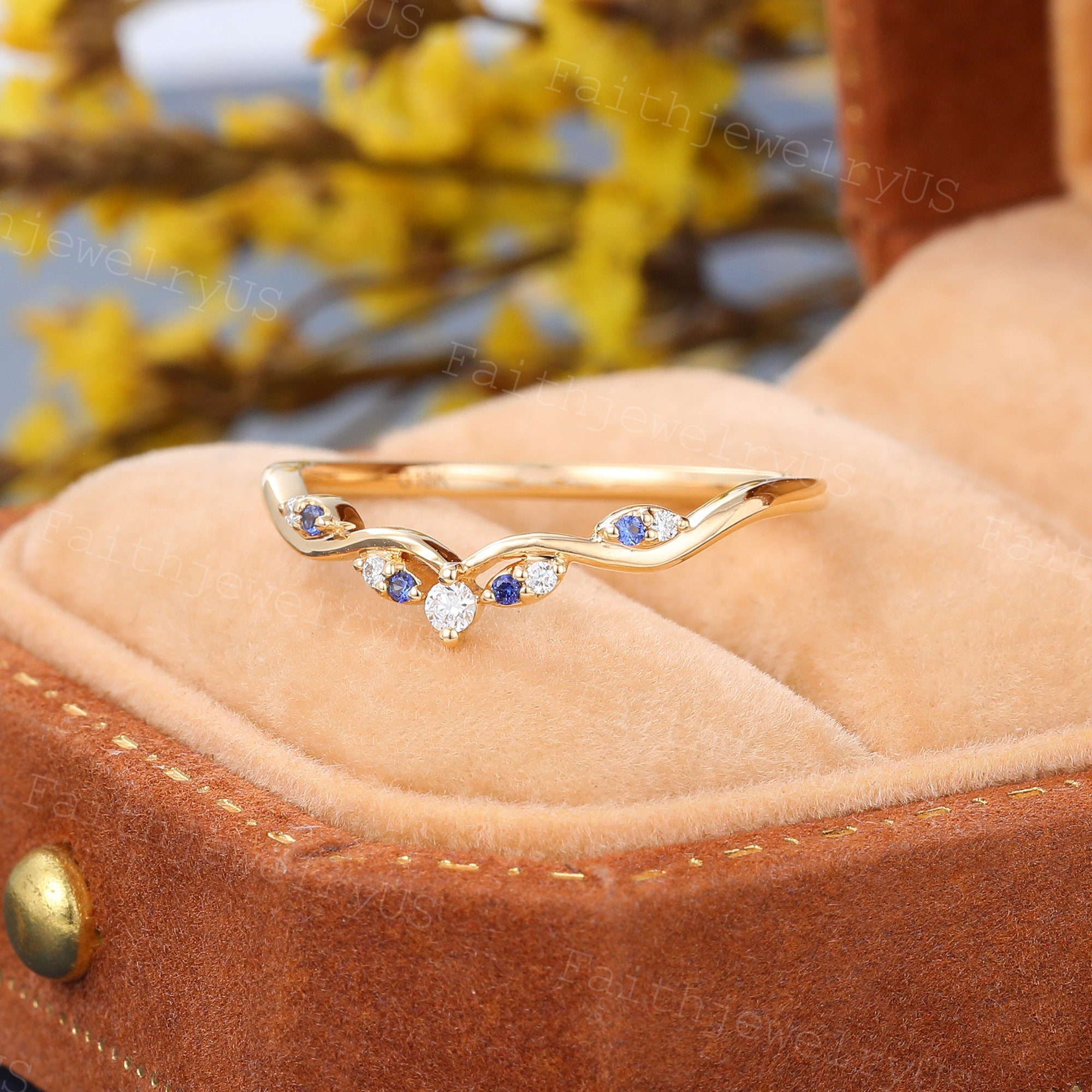 Vintage Yellow Gold Curved Wedding Band Unique Diamond Blue Sapphire ...