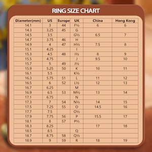 May include: A ring size chart showing the corresponding ring size in US, Europe, UK, China, and Hong Kong sizes. The chart lists the diameter of the ring in millimeters, along with the corresponding ring size in each of the five sizing systems.