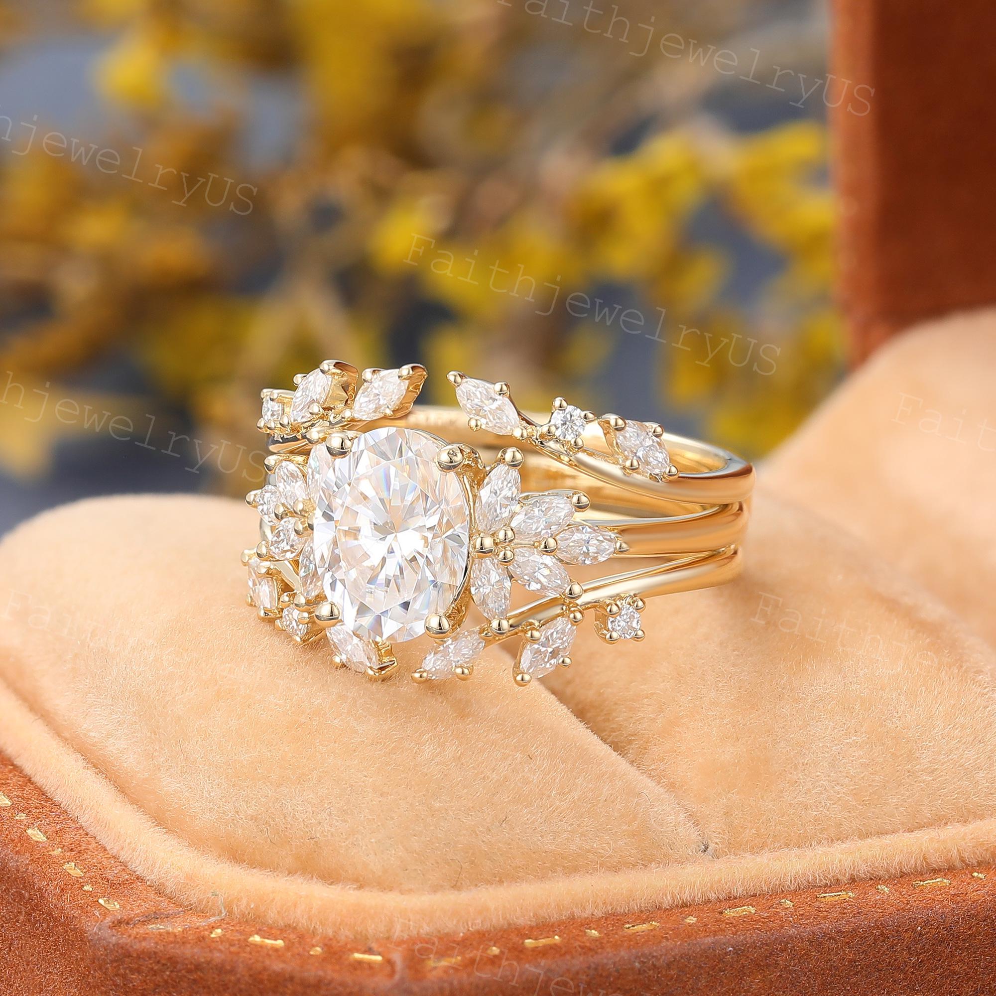 Oval Cut Moissanite Engagement Ring Set Solid Gold Enhancer Double Open ...