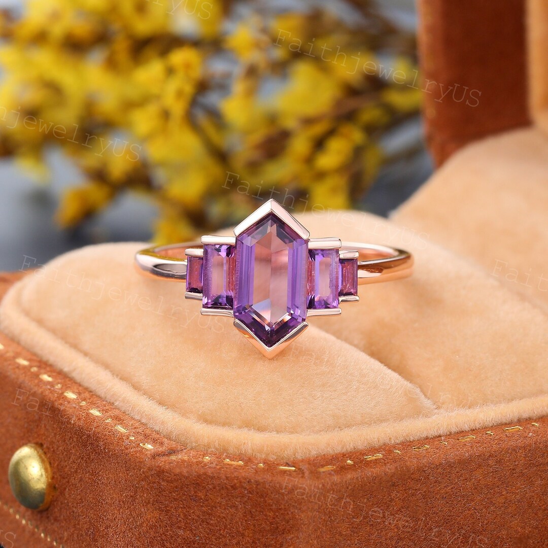 Long Hexagon Amethyst Engagement Ring Solid Rose Gold Ring Etsy