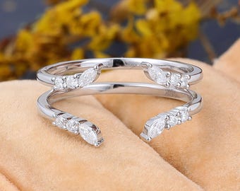 Double Enhancer Marquise Cut Moissanite Curved wedding band Danity White gold pave jacket bridal Matching Stacking Bridal ring for Women