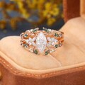 Marquise cut Moissanite Engagement ring set Vintage Rose Gold Open Cluster Marquise Moss Agate Bridal Set Promise Anniversary Ring Set Women