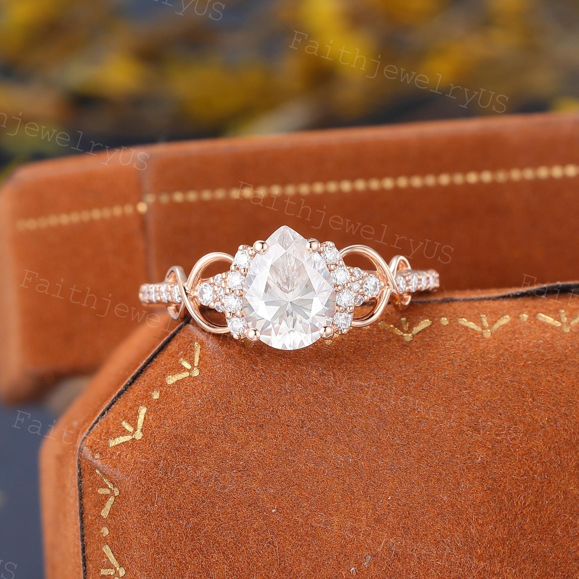 Pear Cut Moissanite Engagement Ring Vintage Rose Gold Cluster Lab ...