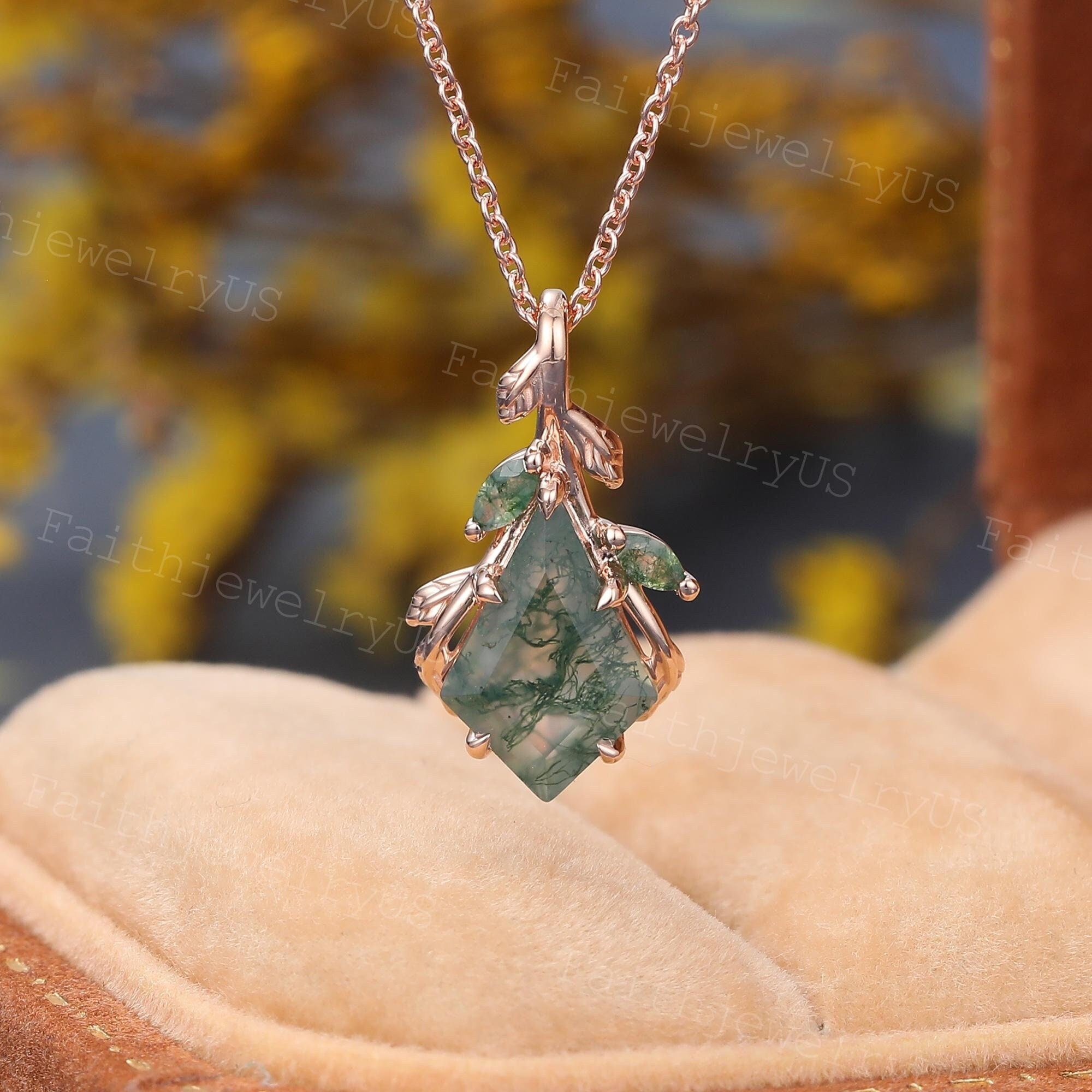 Kite Cut Moss Agate Necklace Vintage Rose Gold Personalized Pendant Marquise Moss Agate Art Deco Leaf Marriage Bridal Pendant for Women Gift