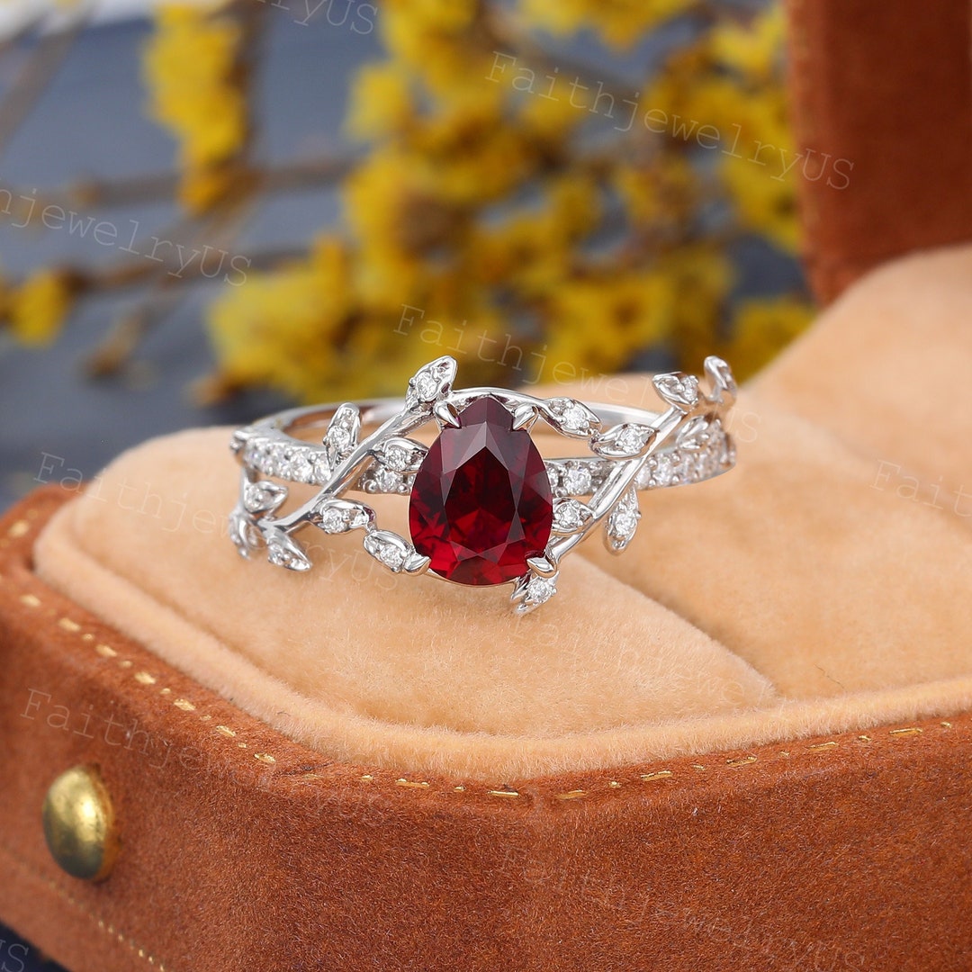 Pear Shaped Lab Ruby Engagement Ring Unique White Gold Ring Art Deco ...