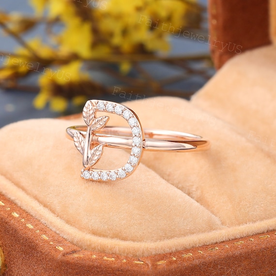 Diamond D Letter Ring Wedding Band Rose Gold Personalized Initial