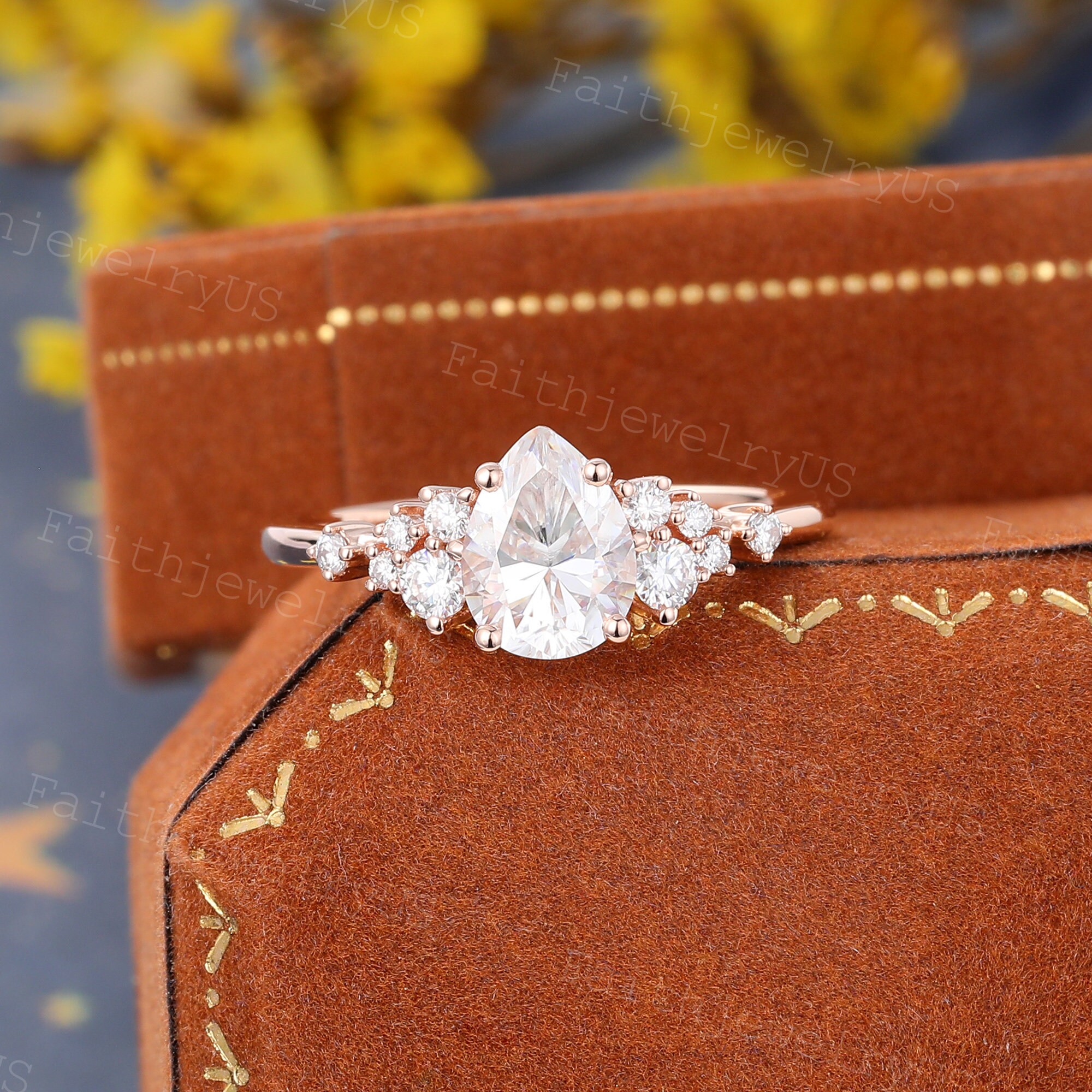 Pear Shaped Moissanite Engagement Ring Rose Gold Ring Cluster Lab ...
