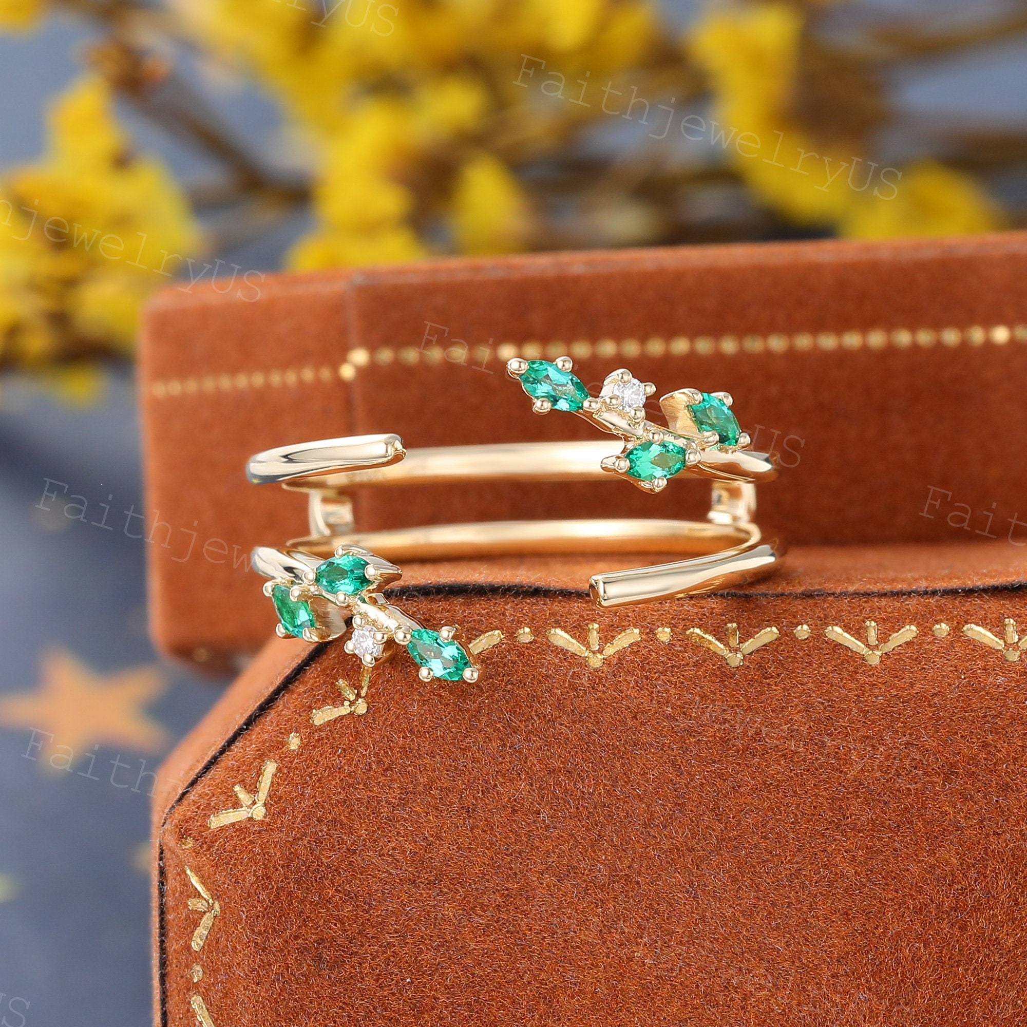 Marquise Cut Emerald Curved Wedding Band Vintage Yellow Gold Enhancer ...