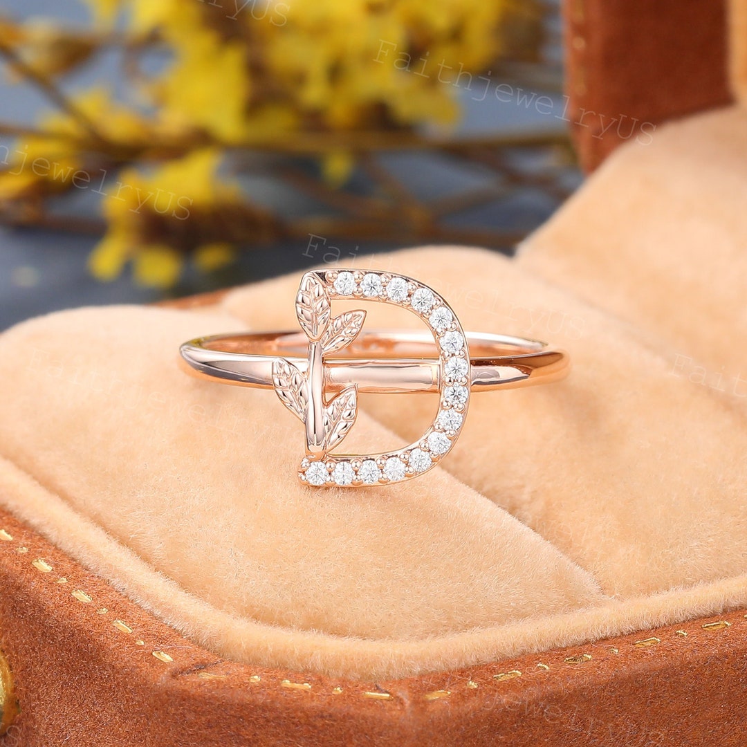 Diamond D Letter Ring Wedding Band Rose Gold Personalized Initial Ring ...
