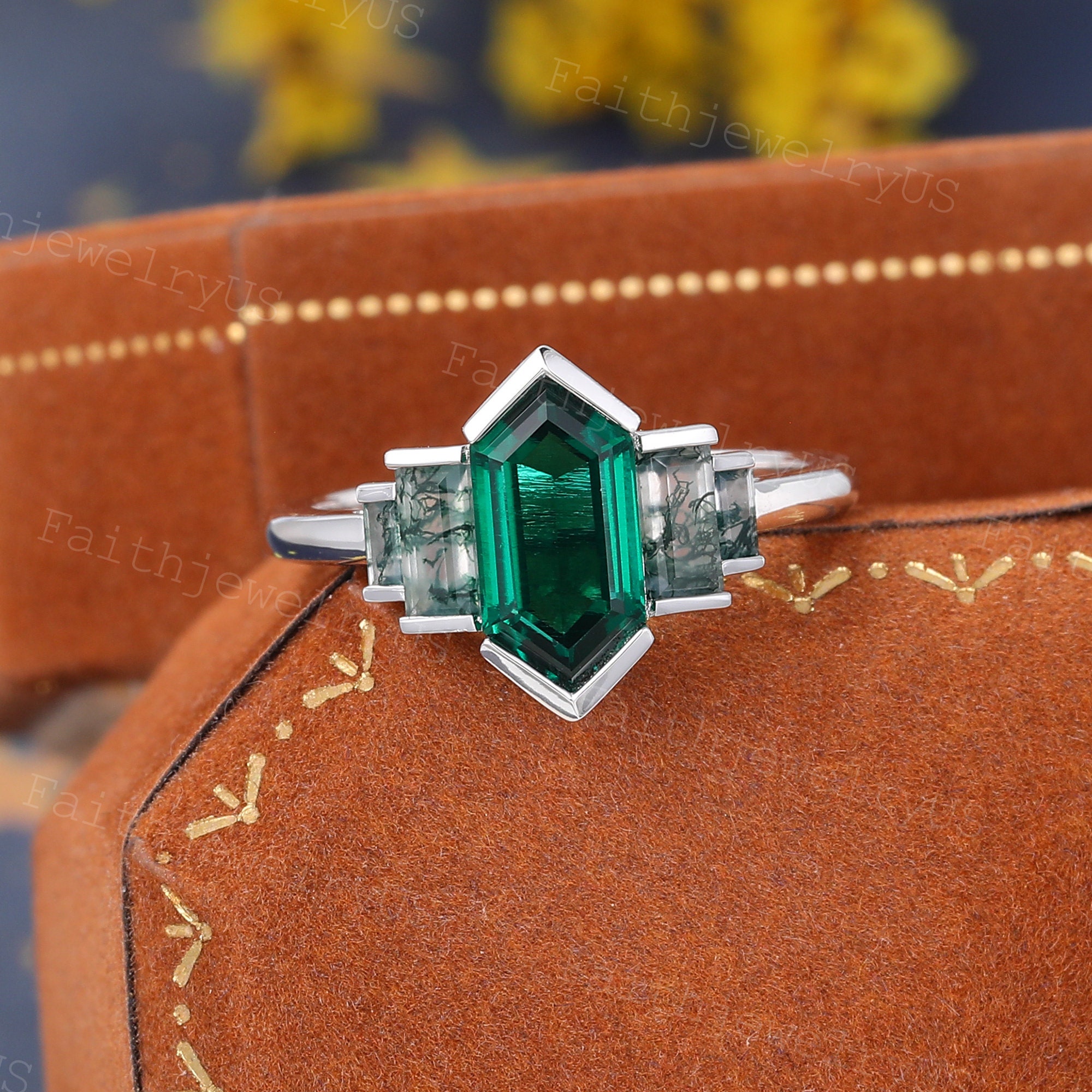 Elongated Hexagon Cut Lab Emerald Engagement Ring White Gold