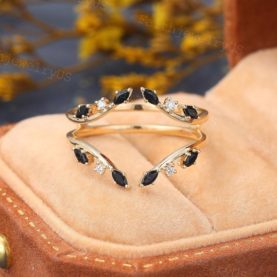 Marquise Women's Double Wedding Band Marquise Black Onyx Curved Double Wedding Band Yellow Gold Unique Diamond  Enhancer Band Promise Bridal Wedding Jacket Anniversary Ring Women