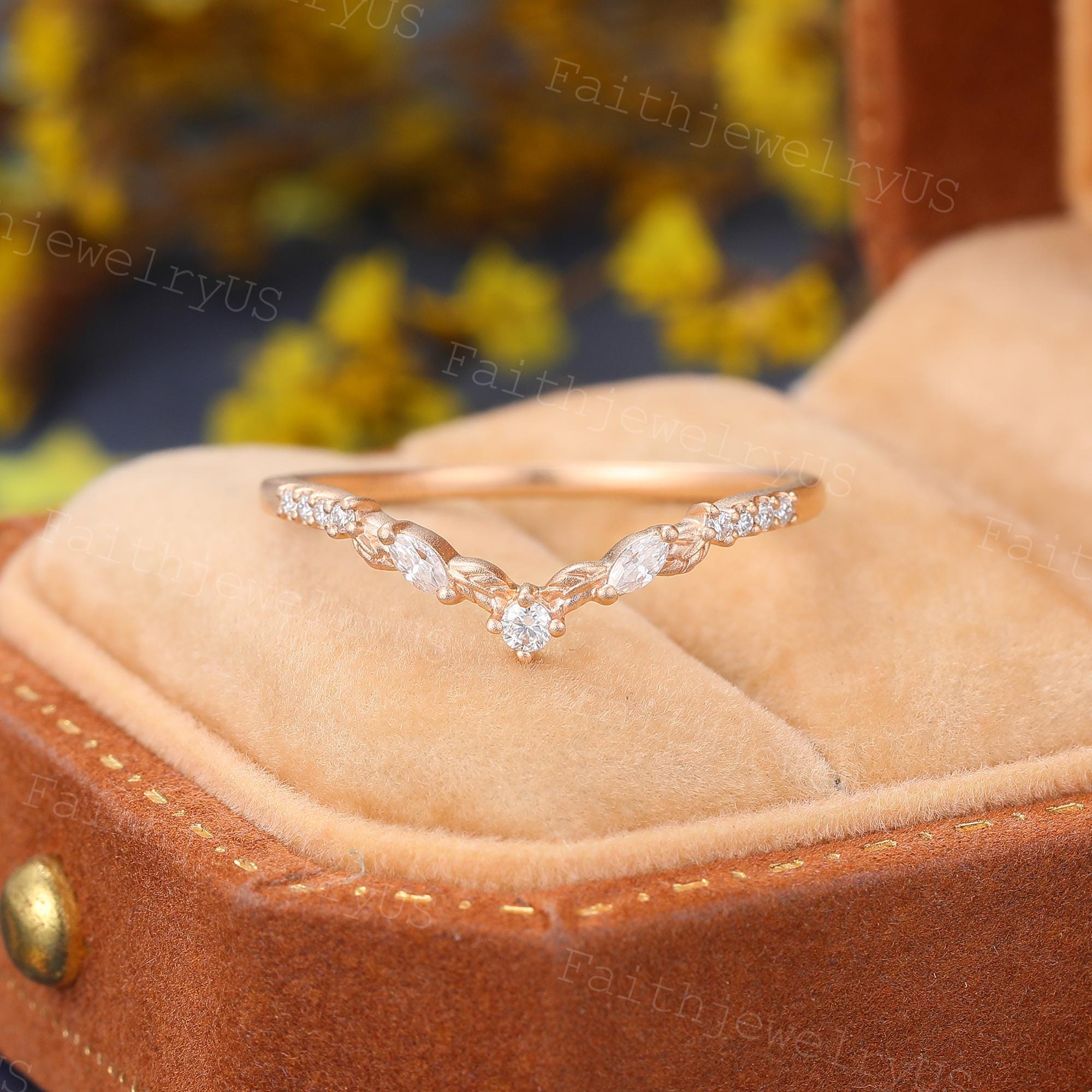 Matte finish Marquise Cut Diamond Curved wedding band Vintage Rose Gold Filigree Round Lab Diamond Delicate Leaf Matching Anniversary ring
