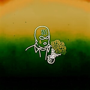 Peut inclure: Un dessin au trait blanc d'une personne portant un masque de ski avec les mots "ICE TEE" écrits dessus. La personne tient un bouquet de roses jaunes. L'arrière-plan est un dégradé de rouge, orange, jaune et vert.
