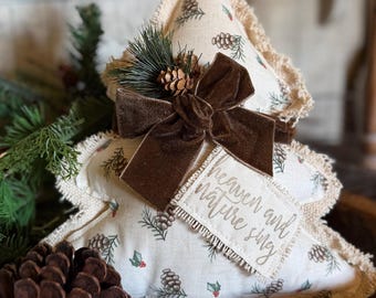 Handmade Hanging Tree Pillow| Vintage Inspired Farmhouse Pillow| Christmas Pillow| Brown