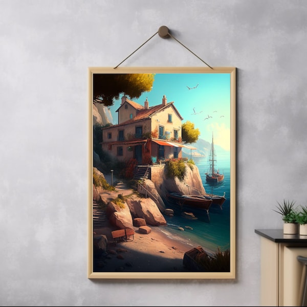 Friedliches Haus am Meer, Fischerboote, Kunst, Poster, Digitaldruck