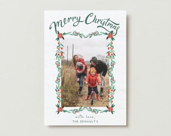 Holly Border Christmas Photo Card, Merry Christmas Card, Holiday Photo Card, Customizable Template- INSTANT DOWNLOAD