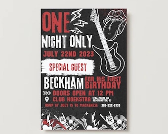 May include: Black and red rock and roll themed birthday party invitation. The invitation includes the text "One Night Only" and "Beckham for his first birthday". A guitar and a tongue graphic are also included.