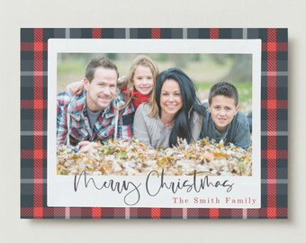 Plaid Christmas Photo Card, Black and Red Plaid, Merry Christmas, Holiday Photo Card, Customizable Template- INSTANT DOWNLOAD