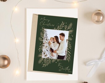 Elegante Grüne Weihnachtskarte Vorlage | Bearbeitbare Feiertagsfotokarte | Druckbare Weihnachtskarte | Sofort Download