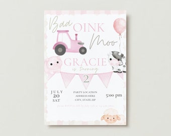Editable Farm 2nd Birthday, Baa, Oink, Moo Turning two, 2nd Birthday Invite, Farm Birthday Invite, Farm Girl Template- INSTANT DOWNLOAD