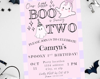 May include: A light pink Halloween-themed invitation with the text "Our little BOO is turning TWO". The invitation includes illustrations of ghosts and the text "PLEASE JOIN US TO CELEBRATE Camryn's SPOOKY 2nd BIRTHDAY!"