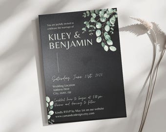 Elegant Eucalyptus Wedding Invitation Template | Dark Green Botanical Invite | Editable Canva Template | Modern Minimalist Wedding Suite
